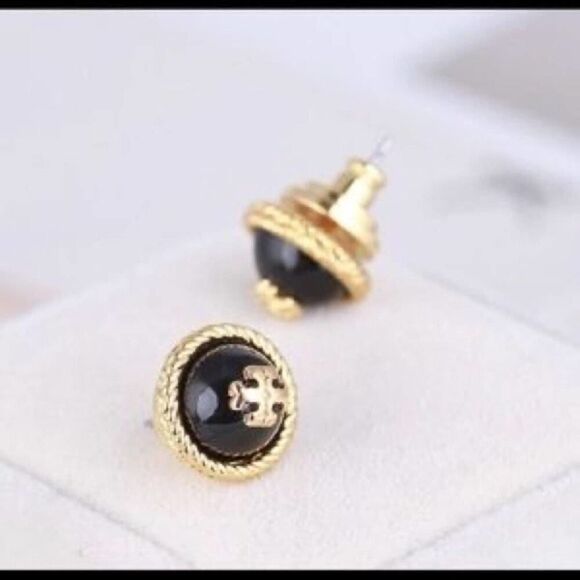 NWOT Tory Burch Gold Logo Black Enamel Circle Stud Earrings - Picture 5 of 5